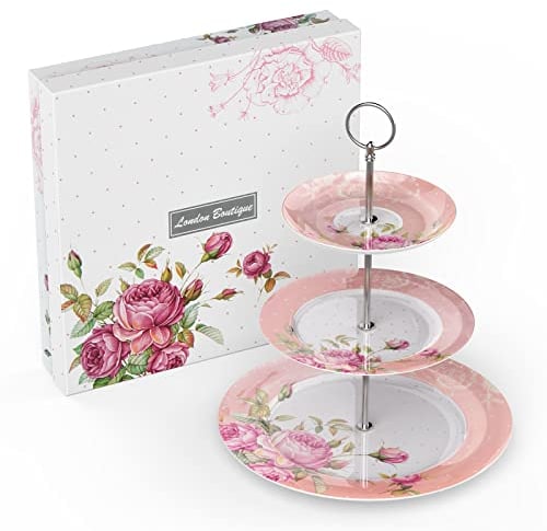London Boutique Tortenständer mit 3 Etagen, für Nachmittagstee, Teller, aus Knochenporzellan, Vintage-Flora, Geschenk für Sie (Rosa)