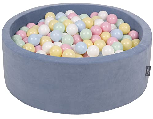KiddyMoon Rund Bällebad Velvet Bällepool 90X30cm/200 Bälle ∅ 7Cm Ballgruben Für Babys Spielbad Kleinkinder, Hergestellt In EU, Eisblau: Pastellblau/Pastellgelb/Weiß/Minze/Puderrosa