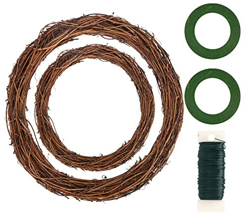 Strohkranz Natur 2 Größen Türkranz Deko-Kranz Kranz Rohling Dekokranz Kranz mit Floristendraht und 2 grünen Blumenbändern für Weihnachtskranz,Türkranz, Holzkranz,Osterkranz,Bastelkranz Party Hochzeit