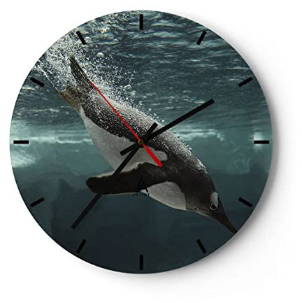 Modern Wanduhr Tauchen Pinguin Gletscher 40x40cm Rund Groß Wand Uhr Glas Analog Zimmeruhren Küche Büro Wohnzimmer Glasuhr Wall Clock Dekoration Design Wanddekoration Küchenuhr C3AR40x40-4189