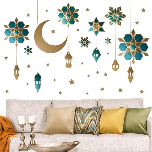 Ramadan Aufkleber Wanddekoration, Muslim Ramadan Kareem Wandtattoo, Eid Mubarak-Wandkunst-Dekoration, 3D-Ramadan Mond und Stern Aufkleber, Ramadan Dekorationen, Wandaufkleber für Zuhause