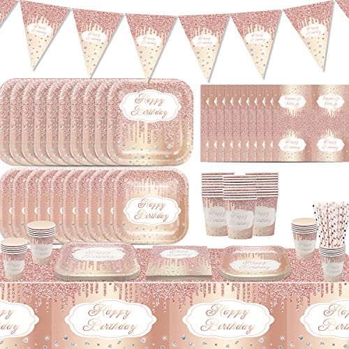 Rose Gold Party Supplies, Rose Gold Party Decorations for Girl, Paper Plate, Tablecloth, Cups, Napkins, Flag, Serves 20 for Pink Birthday Decorations