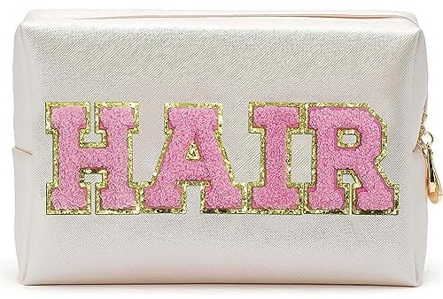 Elehui HAIR Makeup Bag Preppy Patch Cosmetic Pouch Small Travel Stuff Accessories for Teen Girls Women, Cute Chenille Letter Purse Trendy Christmas Birthday Gift for Traveling Supply Storage Organizer