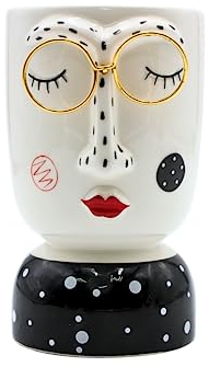 Keramik Vase mit Gesicht und Goldener Brille, Blumenvase, schwarz-weiß, Größe: H/Ø ca. 14,5 x 8 cm, Schwarzweiß