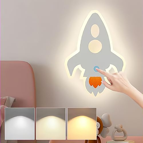 KZT LED Wandlampe Kinderzimmer mit Schalter Dimmbar Wandleuchte mit Touch Control Rakete Nachtlicht Junge Mädchen Wandbeleuchtung Kinder Schlafzimmer Nachttischlampe für Babyzimmer Flurlampe Dekor