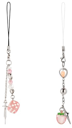 Amabro Bonitos y delicados dijes para teléfono, 2 llaveros estéticos, accesorios de cadena de teléfono, dije estético, lindo dije de fresa, corazón, perla