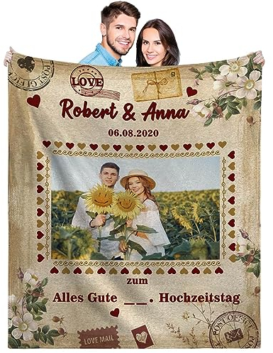 Geschenk Hochzeitstag - Personalisierte Superweiche Decke zum Hochzeitstag Frauen Männer, Jahrestag Hochzeitstag Valentinstag Geburtstag Geschenke Für Sie Ihn, 130x150cm, Kuscheldecke Fleecedecke