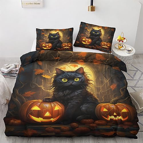 GEDAEUBA Bettwäsche 140x200 Halloween - Schwarze Katze und Kürbis Bettbezug 140x200 2er Set, Wendebettwäsche und Kissenbezug 70x90, Weiche & Angenehme Mikrofaser Bettwäsche-Sets mit Reißverschluss