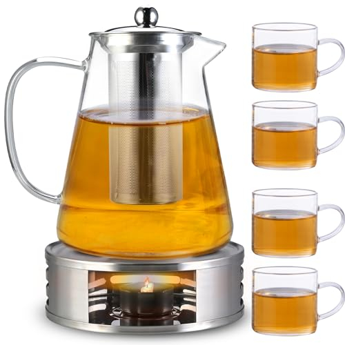 Cieex Teekanne mit Siebeinsatz und Stövchen, Teekanne aus Glas, Kaffeekannen Borosilikatglas 1200 ml + 4 * 120 ml Glas Teetasse für Schwarzen Tee, Grüner Tee, Duftender Früchtetee