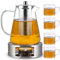 Cieex Teekanne mit Siebeinsatz und Stövchen, Teekanne aus Glas, Kaffeekannen Borosilikatglas 1200 ml + 4 * 120 ml Glas Teetasse für Schwarzen Tee, Grüner Tee, Duftender Früchtetee