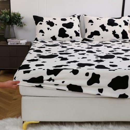 Luofanfei Winter Fleece Spannbettlaken Boxspringbett 120x200 cm Warm Cashmere Touch Kuschel Samt Plüsch Bettlaken Kuschelige Kuhflecken Kuh Spannbetttücher für Hohe Matratze Steghöhe 25-30cm