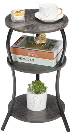 YEAKOO Vintage Round Side Table,3-Tier Slim Waist End Table with Storage Shelves,Round Sofa Side Table Small Corner Coffee Table Bedside for Living Room Bedroom Small Spaces
