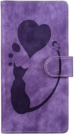 Wuhaizher iPhone 15 Case Cat Love Heart Cute Shockproof Leather Flip Wallet Phone Case for Girls Women with Stand Card Holder Magnetic Closure Protect Cover for iPhone 15, Purple