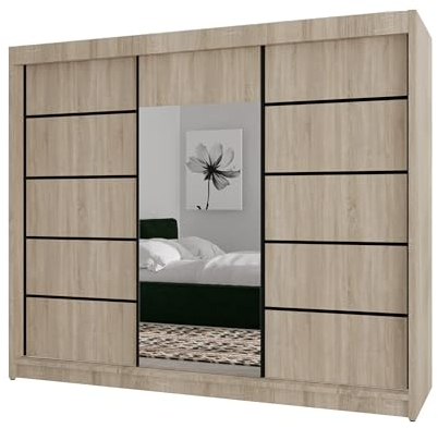 BEAUTY SOFA Monika - Schrank mit Spiegel - Kleiderschrank mit Schiebetüren - Schubladen im Inneren - Garderobenschrank, Mehrzweckschrank, Flurschrank, 200 cm breit - Schrank Sonoma Schwarze Sprossen