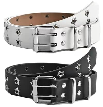Kalamakala Punk Gürtel 2 Stücke, Nietengürtel Damen und Herren, Doppelloch Leder Metall Punk Rock Nietengürtel für Cosplay, Hip Hop, Rock oder Gothic-Outfits