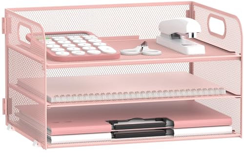 Restorgan 3 Tier Paper Organiser with Handle, Mesh Desk Organiser Letter Tray, Paper Tray Organizer for A4 File Folder, Pink