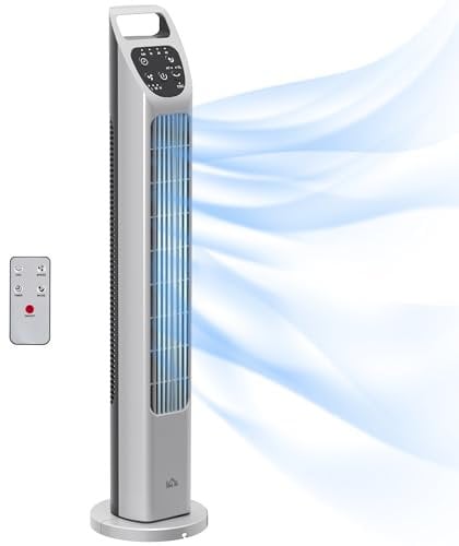 HOMCOM Tower Fan, Electric Cooling Fan with Remote, 75° Oscillating, 3 Speed 3 Modes, 4H Timer, Quiet Standing Bladeless for Bedroom Office, Silver