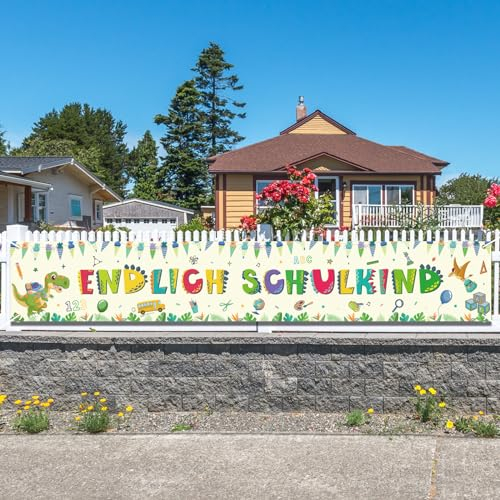 LOHAME Endlich Schulkind Banner 300 x 50cm Extra Große Dinosaurier Einschulung Deko Hintergrund Dino Schulanfang Partysbanner Erster Schultag Girlande für Mädchen Jungen Kinder Schulstart Dekoration