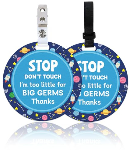 ORIGACH 2 Pack Stop Do Not Touch Baby Signs, Planets and Rockets Don't Touch Thanks Baby Car Seat Sign or Stroller Tag with Hanging Strap and Clip, No Touching Baby Carrier Tag for Preemie Newborn