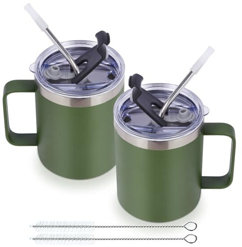 Volhoply 12oz Insulated Leakproof Coffee Mug with Sliding&Straw Lid Bulk 2 Pack,Double Wall Vacuum Stainless Steel Travel Tumbler Cup with Handle,Reusable Camping Mugs Keep Cold/Hot(Army Green,2 Set)