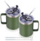 Volhoply 12oz Insulated Leakproof Coffee Mug with Sliding&Straw Lid Bulk 2 Pack,Double Wall Vacuum Stainless Steel Travel Tumbler Cup with Handle,Reusable Camping Mugs Keep Cold/Hot(Army Green,2 Set)