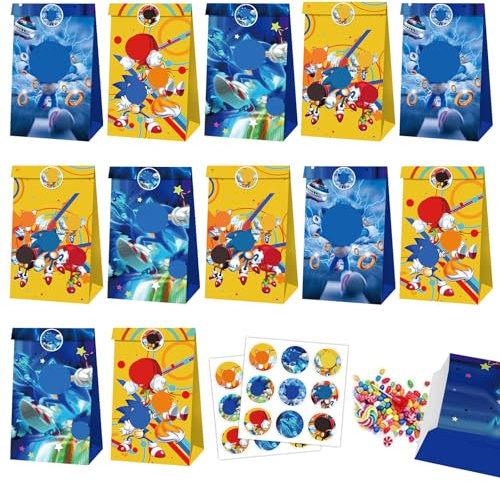 Mizijia 12 Stück Soni Geschenktüte Klein, Soni Mitgebsel Papiertüten Kindergeburtstag, Party Süßigkeiten Tüten mit 18 Aufkleber, Geschenkpapier Verpackungen für Kindergeburtstag, Weihnachten