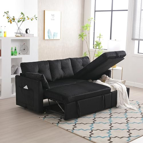 Sofá seccional modular en L, sofá esquinero modular para salón con chaise longue intercambiable, tela aterciopelada, sofá cama multifunción con almacenamiento y cama nido negro