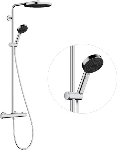 hansgrohe Pulsify S Puro - Colonna doccia a risparmio idrico (EcoSmart) con miscelatore termostatico, Sistema doccia (260 mm) con rubinetto, doccetta, tubo, asta e soffione doccia, cromo, 24237000