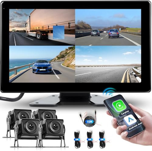 Hodozzy Kit Telecamera Retromarcia con 4 Telecamere e Monitor 10,1 Pollici Touch Screen Bluetooth Wireless Carplay Android Auto Portatile Autoradio, DVR WiFi Video, FM/USB, Telecamera Posteriori Auto