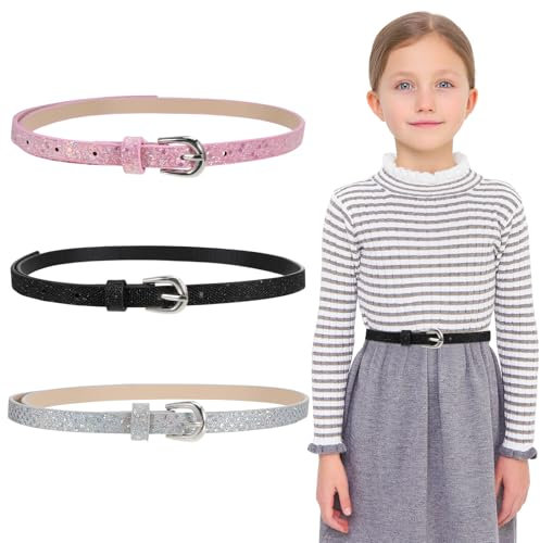 YUFFQOPC 3 Stück kindergürtel mädchen, PU Leder Kinder Gürtel Mädchen, Skinny Gürtel, Verstellbarer Glitzergürtel, Süßer Schmaler Kindergürtel für Jeans Rock Kleidung