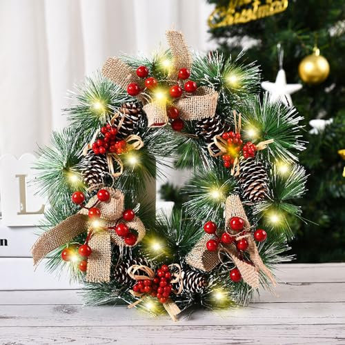 Türkranz Weihnachten Beleuchtet 30cm, Weihnachtstürkranz mit Beleuchtung, Weihnachts Türkranz Weihnachtskranz Haustür Deko Künstlich, Christmas Wreath Türdeko (Flachs B, mit Beleuchtung Timing)