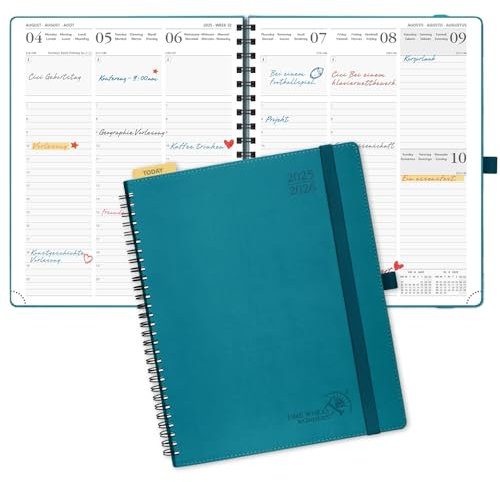 POPRUN Kalender 2025 2026 Wochenplaner (Aug.2025-Dez.2026) Ringbuch mit Softcover, ca. A4 (26,5 x 21,5 cm), 17-Monate-Terminplaner 1 Woche 2 Seite mit Zertifiziertem Papier - Pazifikgrün