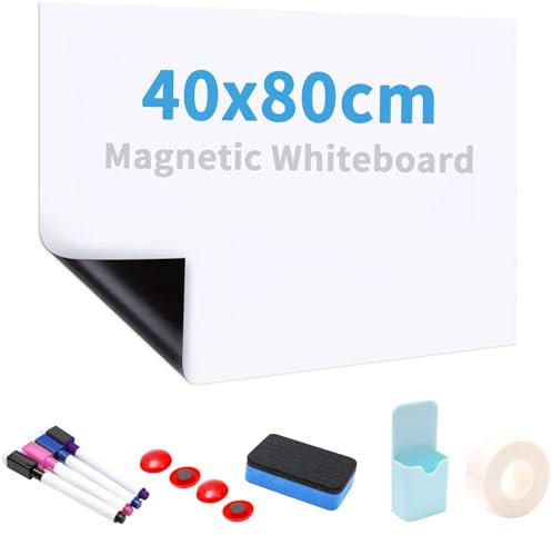 Zaxiva Tableau Blanc Magnetique 40x80cm, Tableau Blanc Effacable à sec à Coller sur Mur Lisse, Facile à écrire et à Nettoyer, Plaque Aimantée Blanc pour Bureau, école, Cuisine, Avec Marqueurs, Gomme
