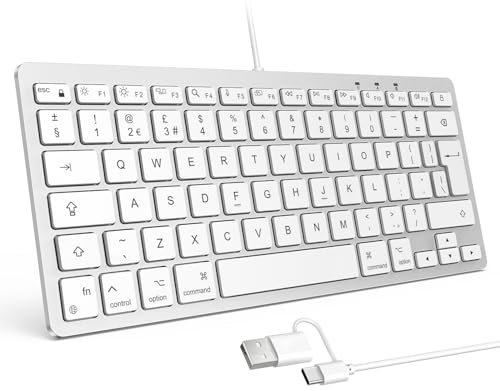 OMOTON Wired Keyboard for Mac with Dual Interface, USB and Type-C Mini Keyboard Compatible with Apple Mac Pro, iMac, Mac Mini, MacBook Pro/Air, QWERTY UK Layout, Silver