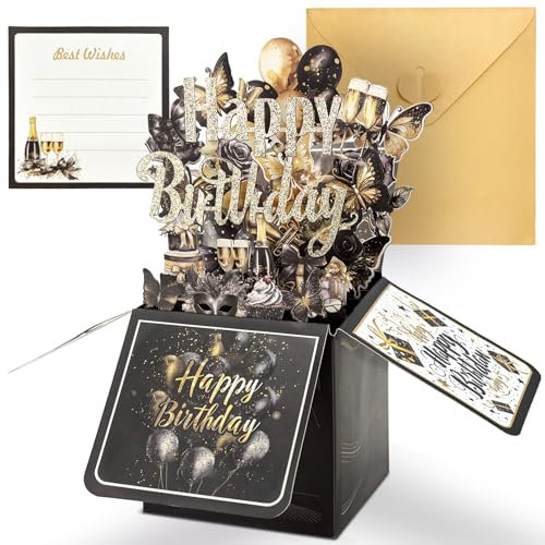 Hierein Pop Up Birthday Cards for Women, 3D Black Gold Happy Birthday Cards, Pop-up Gift Greeting Cards Box with Envelope, Personalised Greeting Cards for Women Men Mum Dad Grandma Grandpa