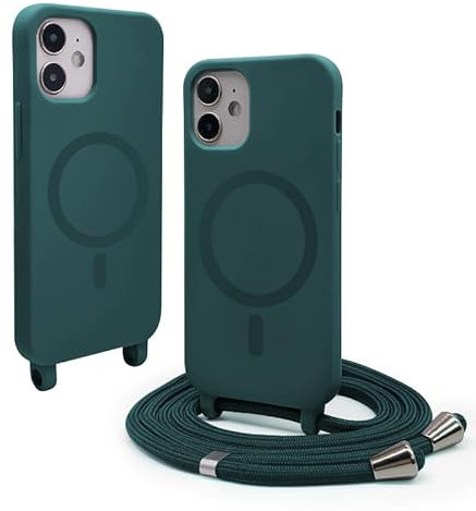 CUZZCASE Funda Magnética Compatible con iPhone 11(6.1),(Compatible con MagSafe Carga Inalámbrica), Ajustable Collar Correa Silicona Carcasa-Verde Oscuro