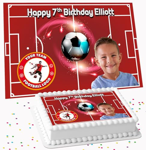 YOUR OWN PHOTO ON RED FOOTBALL PITCH WITH TEAM LOGO PERSONALISED BIRTHDAY EDIBLE ICING CAKE TOPPER DECORATION SUITABLE FOR USE ON COSTCO CAKE YT-9