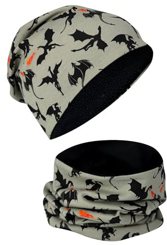 HECKBO Drachen Kinder Beanie Mütze & Loop Schal - 2-6 Jahre - Fleece Innen - Jungen Mädchen - 95% Baumwolle