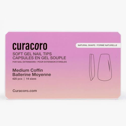 Curacoro Natural Nail Soft Gel Tips - 420Pcs Extension Tips, 14 Sizes Clear Full Cover Acrylic Gel Tip, Long-Lasting Salon Quality, Easy to Wear & Natural Look (Coffin, Medium)
