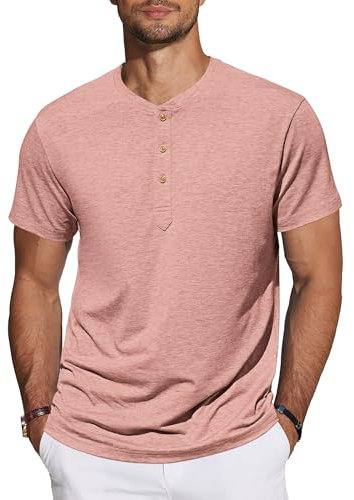 TARAINYA Henley T-Shirt Homme Coton Manches Courtes col Mao été Casual avec Bouton Décontractées Regular Fit Rose XL
