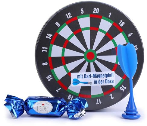 Heidel Schokolade für Männer – Männerrunde Dartscheibe mit Pralinen in Metallbox - Perfekt für Vatertag, Papa, Männerrunde & als Dankeschön - Pralinen ohne Alkohol, inkl. Metallpfeil & 7 Mini-Riegel