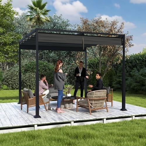 UISEBRT Tonnelle pergola de 3 x 3 m avec structure en acier robuste et toit ouvrant de qualité supérieure en polyester revêtu de PA, toit de terrasse autoportant, idéal pour l'extérieur (noir)