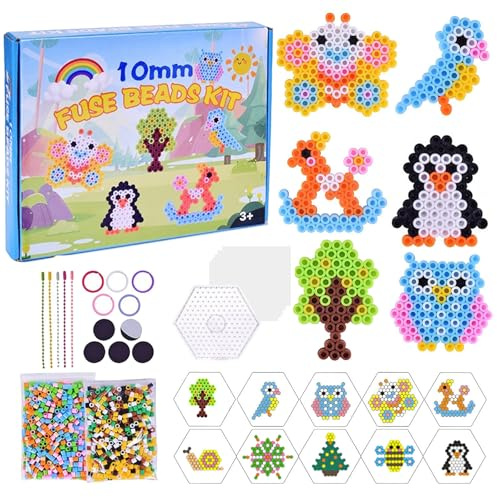 Große 10mm Bügelperlen Set, 1000 Stück XL Steckperlen mit Steckplatte, 10 Tiere Muster, Perlenketten, Reifen und Bügelpapier, Kreatives Perlenset DIY Geschenk Handwerk für Kinder ab 3 Jahren