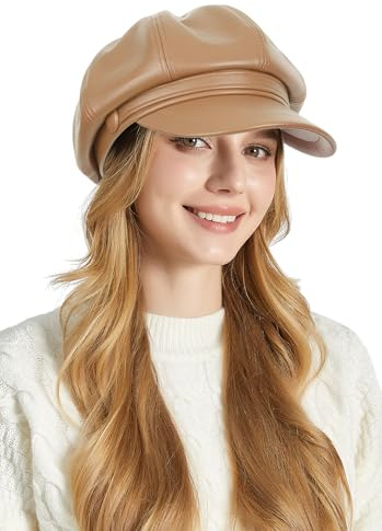 Ausing Baskenmütze Barett für Damen Mütze Leder PU Frauen Klassische Französische Mode Visor Schirmmütze Khaki Ballonmütze Bakerboy Hat Achteckige Beret Mütze Cap Maler Kappe Elbsegler Winter Herbst