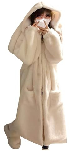 Keepink Womens Dressing Gowns with Hood Flannel Soft Towel Robe Warm Fluffy Bathrobes Long Bath Robes Pocket Fleece House Coats Winter Thermal Loungewear Nightwear for Cold Day Uk