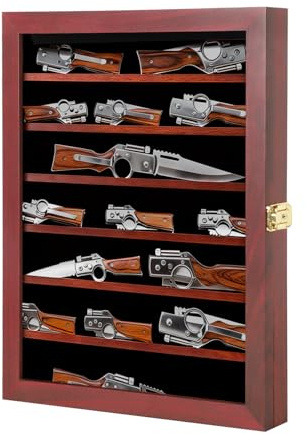 Grintus Taschenmesser-Vitrine 7-stöckige Messersammlung Display Box für Wand Klappmesser Schrank mit UV-Schutz Acryl abschließbar groß Mahagoni | Wandhalterung Holzrahmen Messerschrank Gold Diebstahlsicherung Filzfutter UV-Schutz Acryl 7 Abnehmbare Anti-Rutsch Ablagen