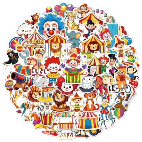 Mavouri 50 Stück Karneval Deko Sticker, Clown Aufkleber, Zirkus Deko Sticker, Karneval Deko Wasserdichte Vinyl Aufkleber für Carnival, Fasching, Faschingsdeko, Circus, Laptop, Auto, Fahrrad, Computer