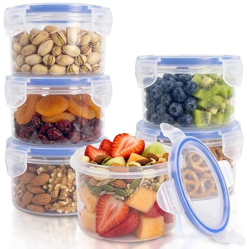 YHSKJCD 6 Pack 300ml Round Airtight Food Containers with Lids, Plastic Reusable Snack Pots with Clip Lock, Leak-proof Small Storage Container Set Stackable for Yogurt, Fruit, Meal Prep & Ourdoor
