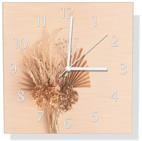 Wallario Design Wanduhr Trockenblumenarrangement aus Aluverbund, Alu-Uhr Größe 30 x 30 cm, weiße Zeiger mit Metalloptik
