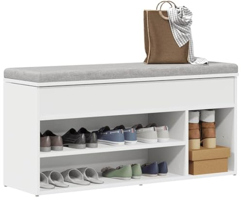Fengshui Schuhbank Weiß 102x30,5x45 cm aus Holzwerkstoff, Sitzgelegenheit mit viel Stauraum für Schuhe, praktische Oberseite zum An- und Ausziehen, Pflegeleichte Glatte Oberfläche